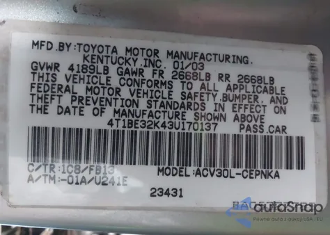 2003 Toyota Camry Le from USA, damaged, VIN 4T1BE32K43U170137